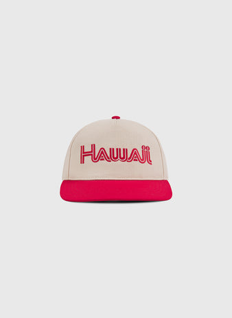 The Ebbets Field Hawaii Islanders 1965 Logo A-Frame Cotton Twill Ballcap features a beige retro snapback design with a red brim and 