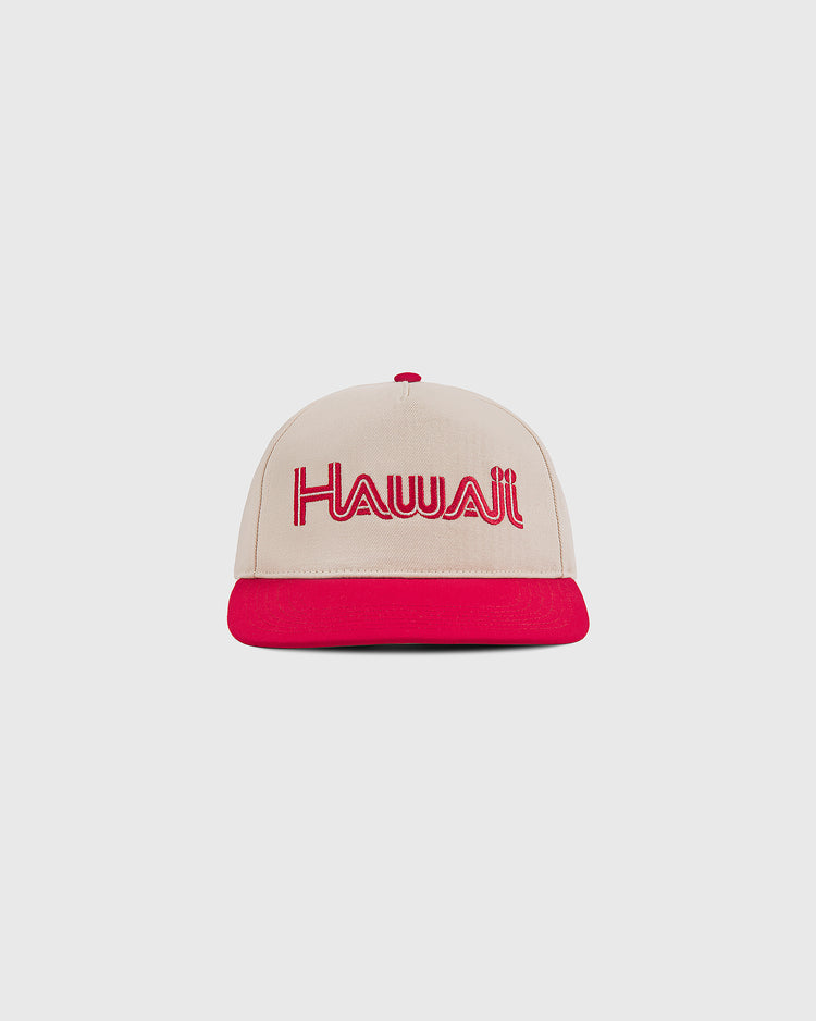The Ebbets Field Hawaii Islanders 1965 Logo A-Frame Cotton Twill Ballcap features a beige retro snapback design with a red brim and 