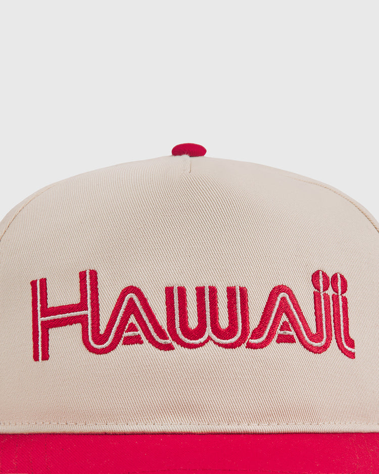 The Ebbets Field Hawaii Islanders 1965 Logo A-Frame Cotton Twill Ballcap features a beige and red retro design with 
