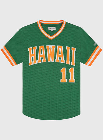 The Ebbets Field University of Hawaii Rainbow Warriors Mesh V-Neck Jersey features yellow and white striped trim, 