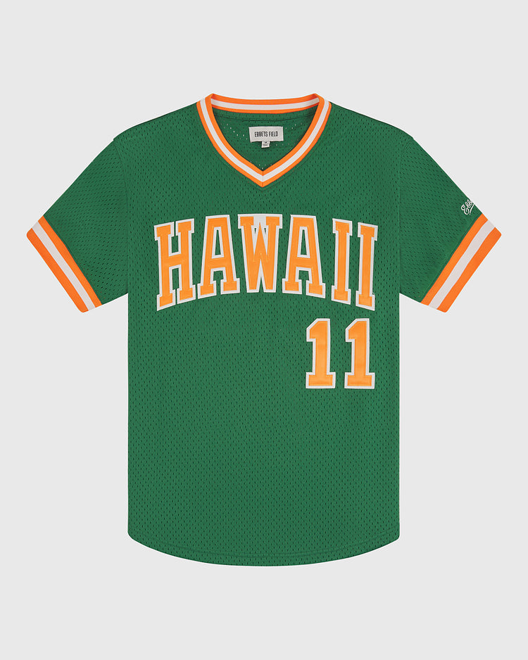 The Ebbets Field University of Hawaii Rainbow Warriors Mesh V-Neck Jersey features yellow and white striped trim, 