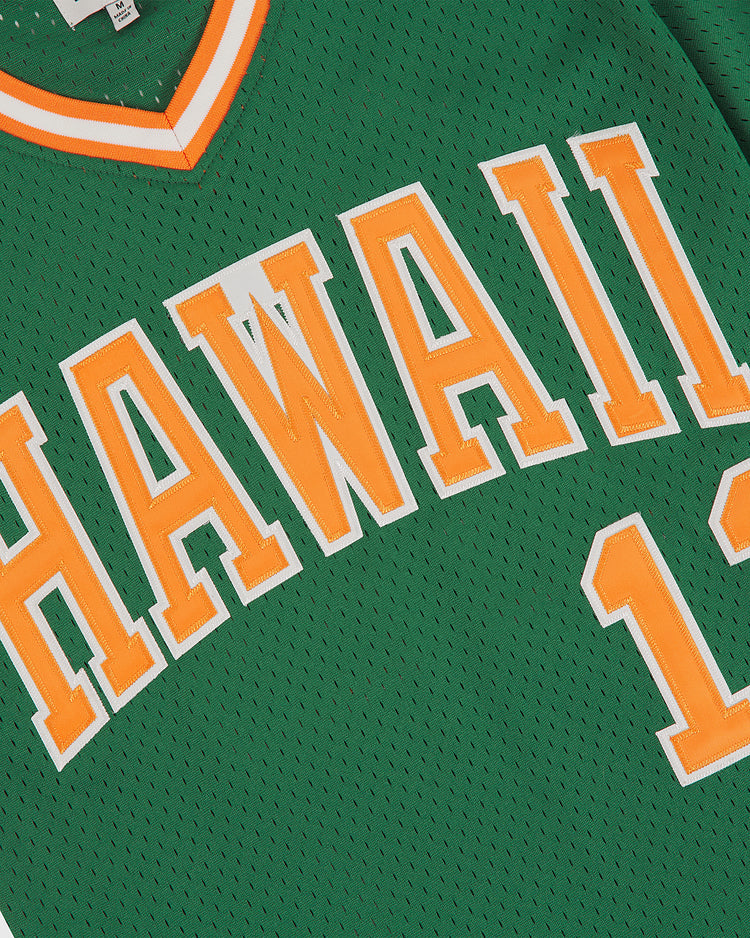 The Ebbets Field University of Hawaii Rainbow Warriors Mesh V-Neck Jersey features green mesh with orange and white trim, 
