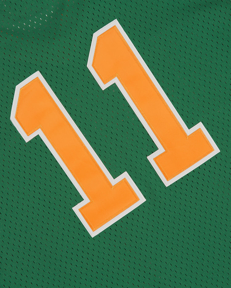 The Ebbets Field University of Hawaii Rainbow Warriors Mesh V-Neck Jersey is green with bold orange number 11 and white outlines, crafted from breathable mesh fabric.