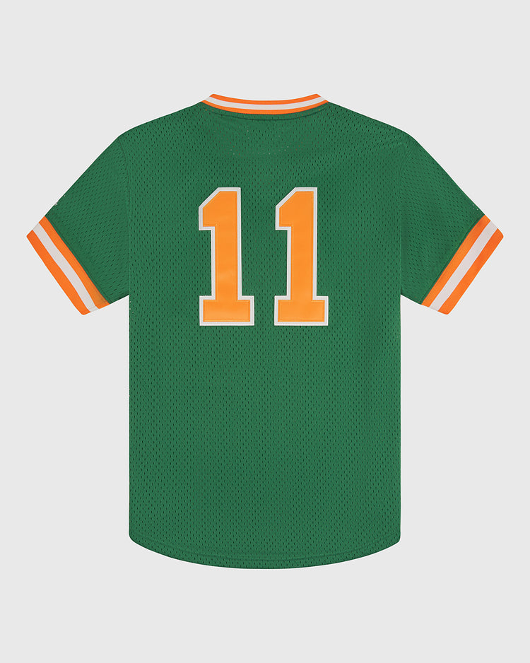 The Ebbets Field University of Hawaii Rainbow Warriors Mesh V-Neck Jersey features green mesh, orange and white collar and sleeve trim, and bold number 11 on the back—ideal for true UH fans.