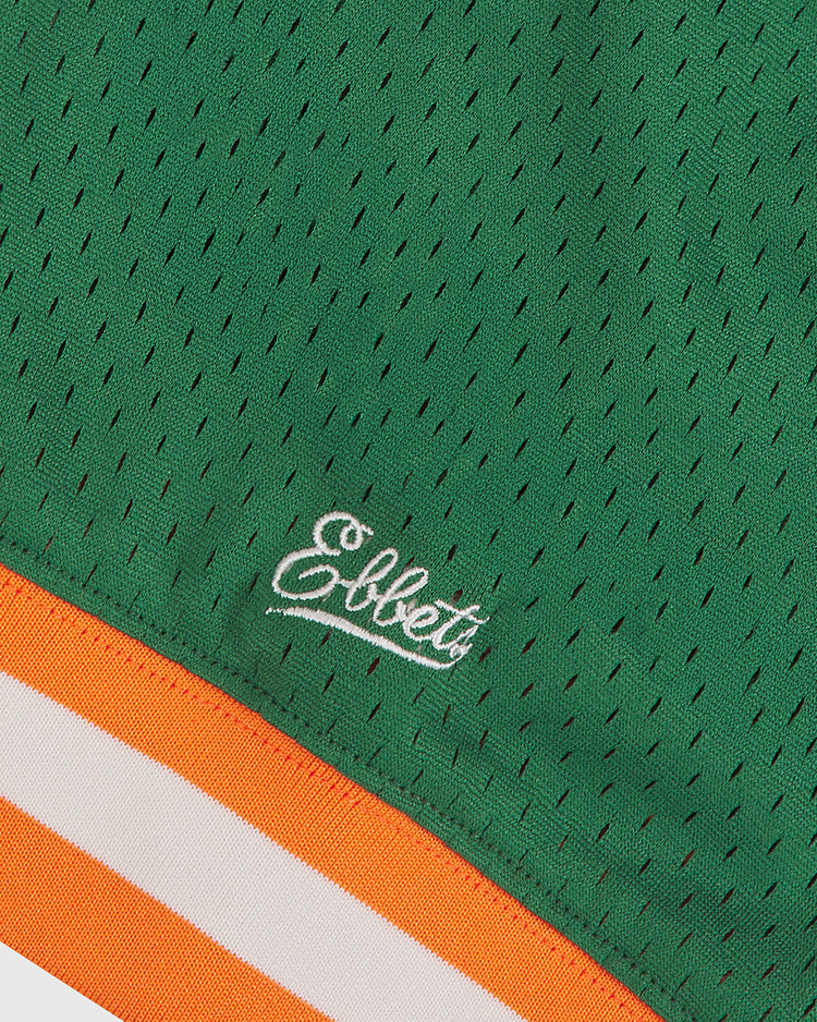 Close-up of the University of Hawaii Rainbow Warriors Mesh V-Neck Jersey by Ebbets Field, featuring green breathable mesh with small perforations, 