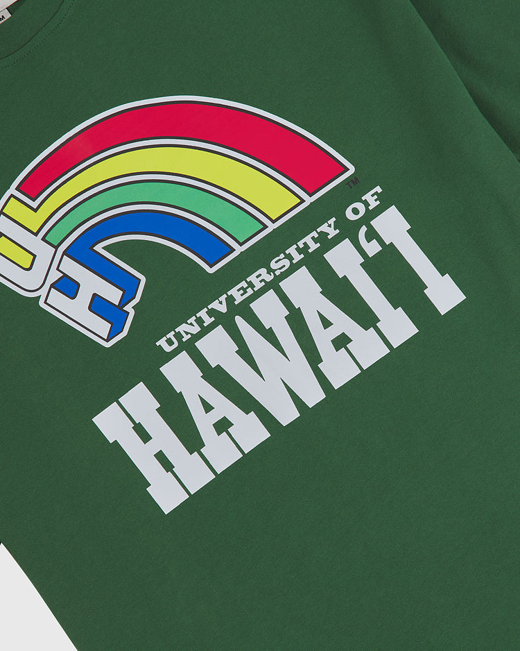 Show your University of Hawaii pride with the Ebbets Field University of Hawaii Rainbow Warriors Short Sleeve Graphic T-Shirt, featuring a green design, rainbow logo, and bold white lettering.
