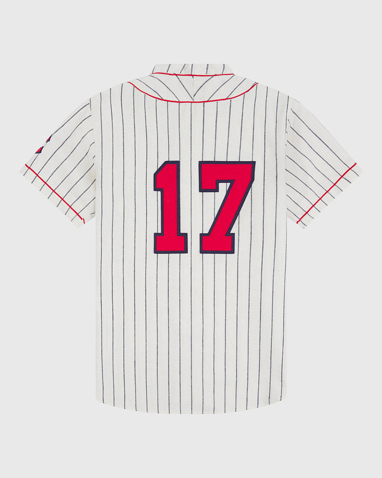The Ebbets Field New York Cubans 1935 Authentic Wool Road Jersey features a white, short-sleeve design with thin blue vertical stripes, red piping, and a large red number 17 outlined in blue on the back, capturing the classic style of the original 1935 team uniform.