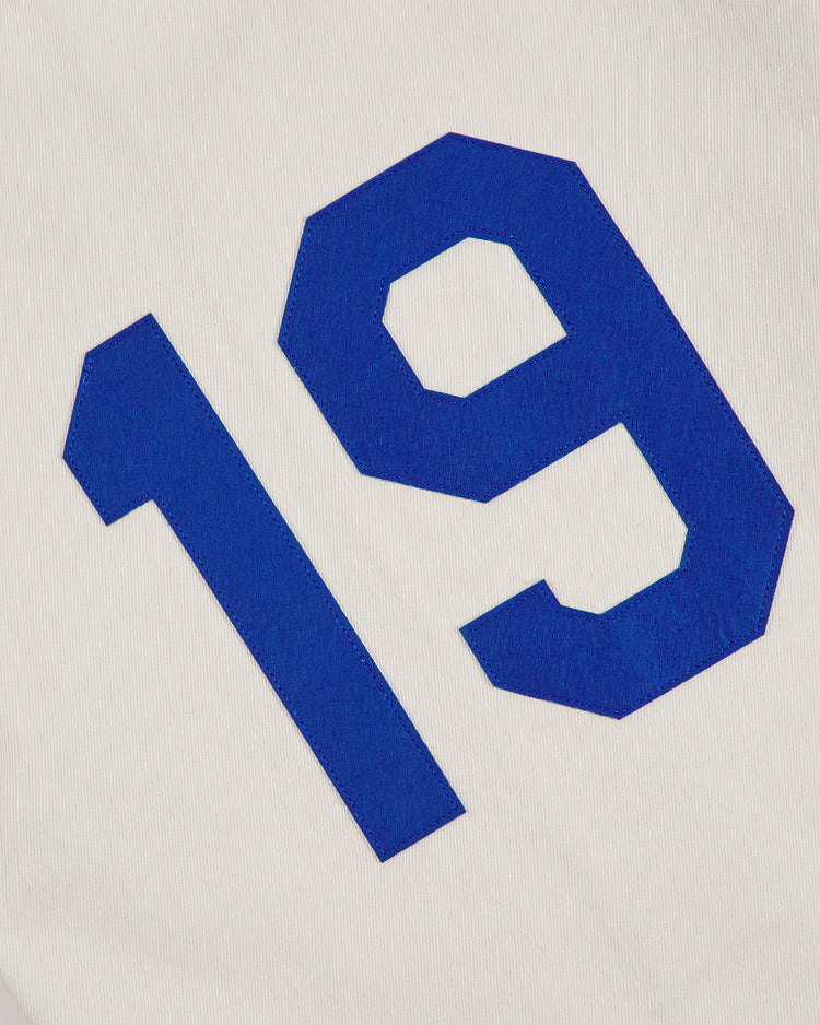 Blue number 19 printed on a white background, featured on the Ebbets Field Brooklyn Royal Giants 1919 Cotton Twill Baseball Jersey.