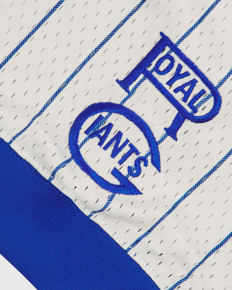 Close-up of the Ebbets Field Brooklyn Royal Giants 1925 V-Neck Mesh Jersey, featuring white fabric with blue vertical pinstripes reminiscent of a vintage baseball jersey. “ROYAL GIANTS” is embroidered in overlapping, stylized blue block letters, with “ROYAL” above “GIANTS.” The bottom edge is bordered with blue fabric, capturing the authentic look of Negro Leagues apparel and inspired by the legendary Brooklyn Royal Giants jersey.