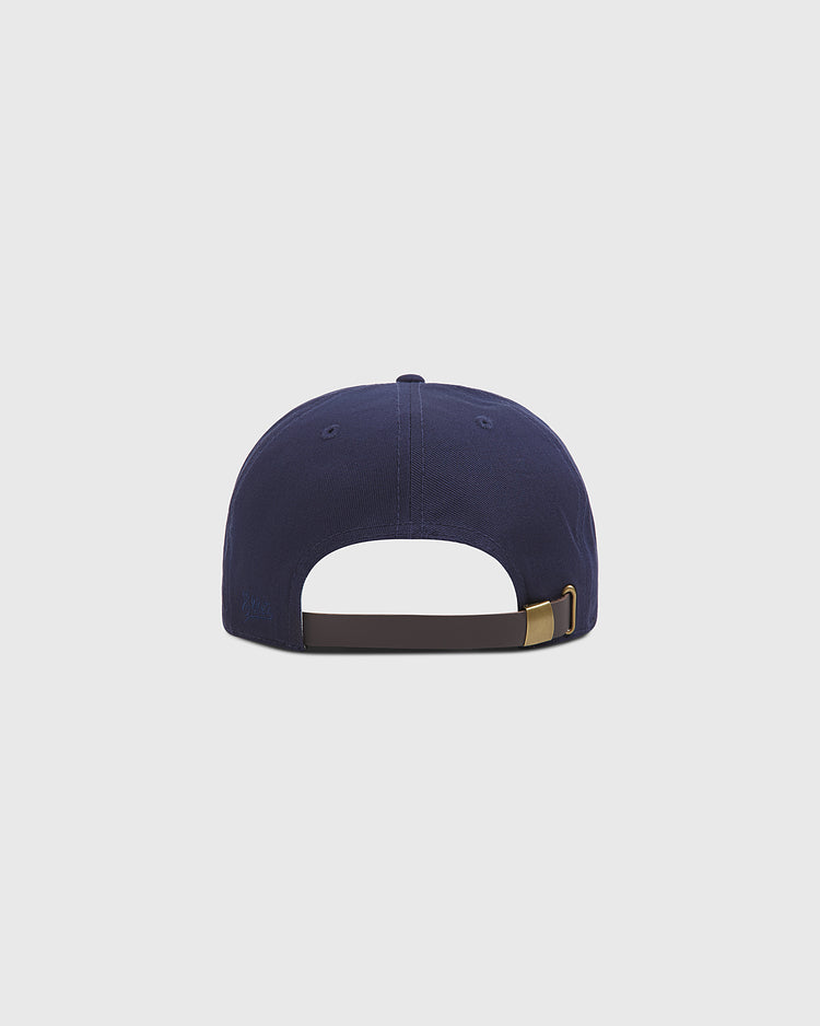 Back view of the Ebbets Field Brooklyn Eagles Cotton Twill Ballcap in navy blue, featuring an adjustable strap with a metal buckle. The background is plain white.