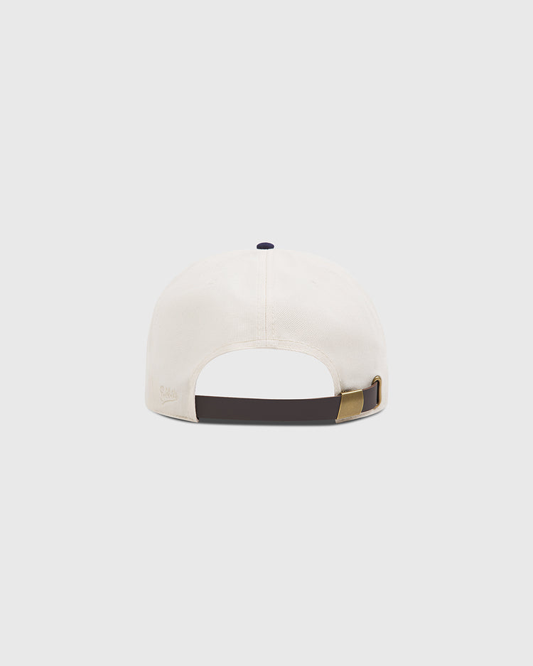 Back view of the Ebbets Field New York Cubans Authentic Cotton Ballcap in beige cotton twill, featuring an adjustable brown strap and metal buckle.