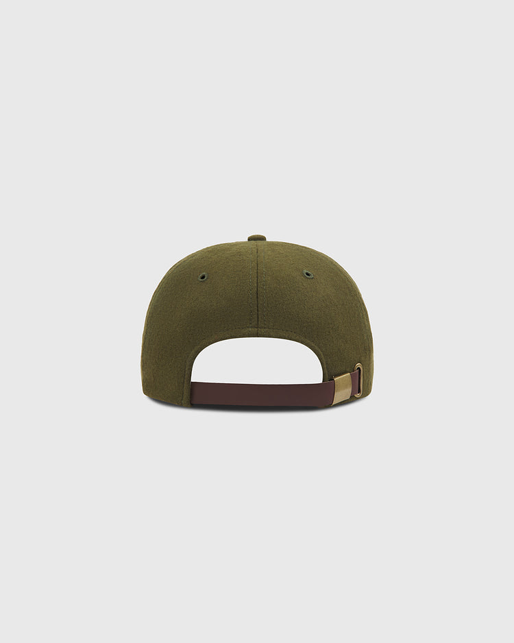 Back view of the Ebbets Field Brooklyn Eagles 1935 Wool Ballcap in olive green, inspired by classic wool ballcap styles, featuring a brown adjustable strap with a metal buckle, displayed on a plain light gray background.