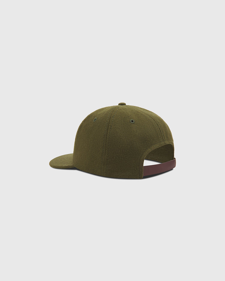 Brooklyn Eagles 1935 Wool Ballcap by Ebbets Field in olive green, shown from the back with an adjustable brown strap and curved brim, evoking the classic style of Negro Leagues-era caps, displayed on a plain light gray background.