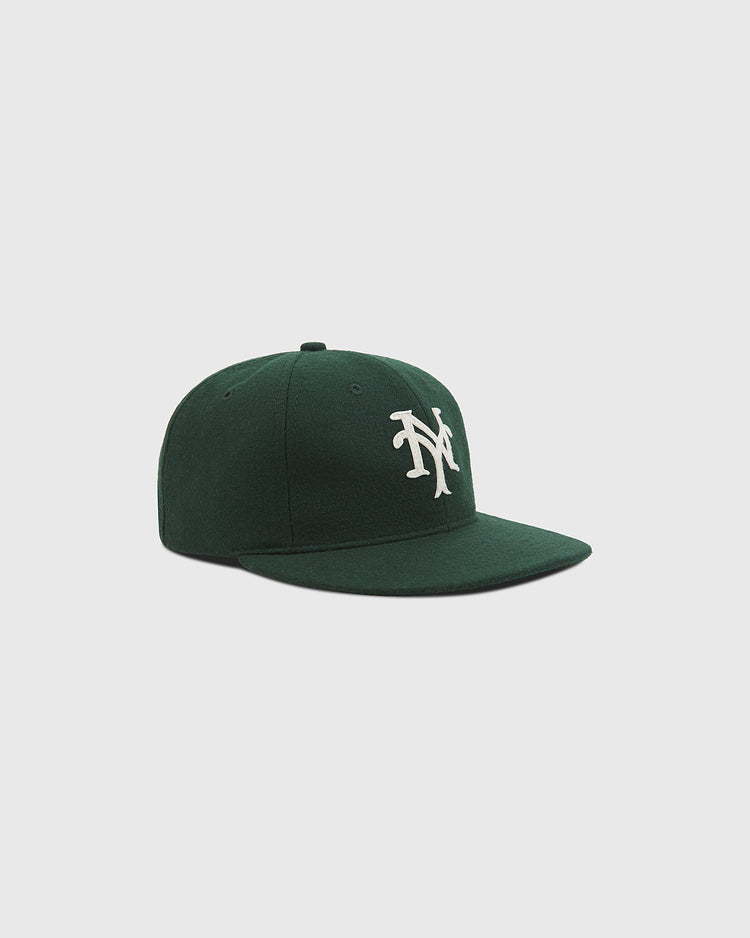 New York Cubans Authentic Wool Ballcap by Ebbets Field in dark green, featuring a white, stylized NY logo on the front, displayed at an angle against a plain light gray background.