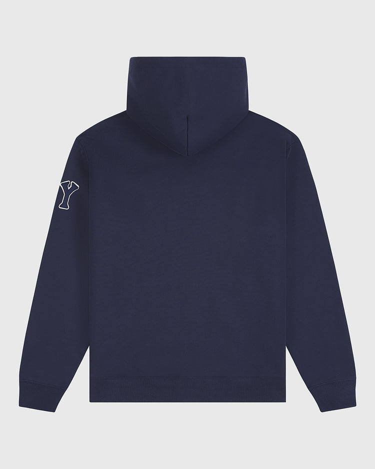 Navy blue Black Yankees Heavyweight Cotton Terry Full-Zip Hoodie by Ebbets Field, seen from the back with a large hood and a white letter Y on the left sleeve. Inspired by classic Negro League apparel, this hoodie features no visible design on the back.