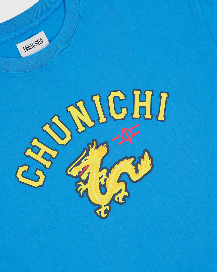 The Chunichi Dragons Short Sleeve Graphic T-Shirt by Ebbets Field showcases a bold “CHUNICHI” in yellow lettering above a striking yellow dragon graphic and a small red symbol. Inspired by classic Japanese baseball shirt designs, this pigment-dyed tee is perfect for fans who want unique style and spirited team pride.