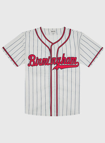 Ebbets Field Birmingham Black Barons 1945 Button-Up Mesh Home Jersey in white with navy pinstripes, red trim, and Birmingham written in red script across the chest.