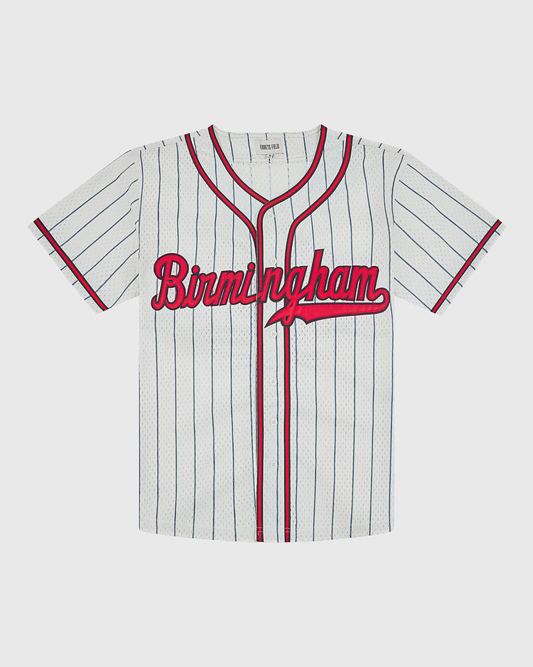 Ebbets Field Birmingham Black Barons 1945 Button-Up Mesh Home Jersey in white with navy pinstripes, red trim, and Birmingham written in red script across the chest.