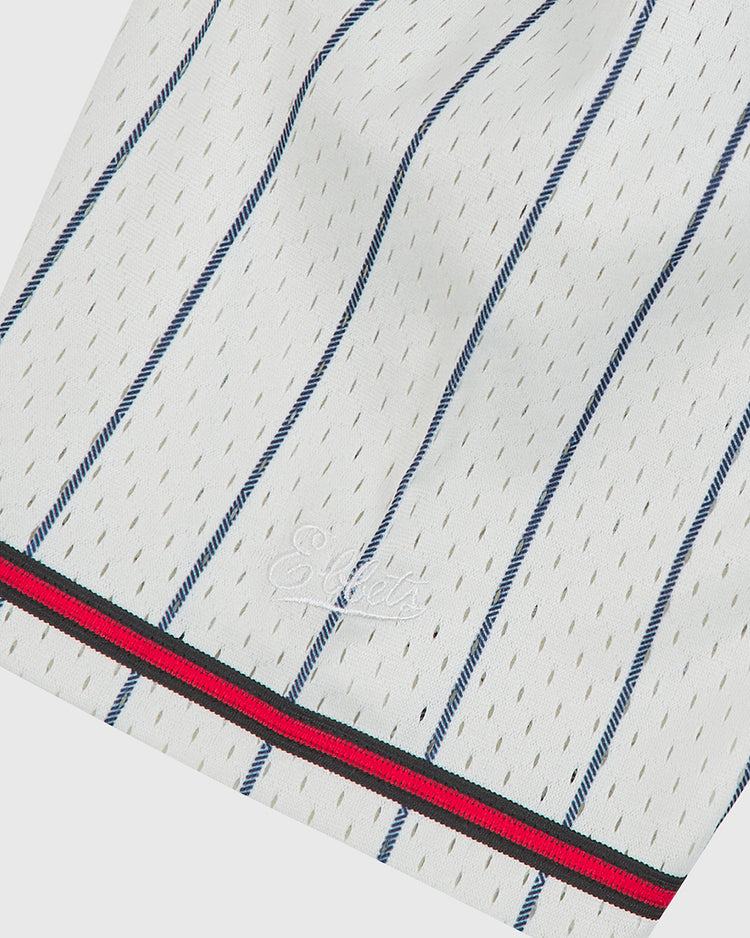 Ebbets Field Birmingham Black Barons 1945 Button-Up Mesh Home Jersey in white mesh with thin blue pinstripes and a hem featuring a red and black striped trim.