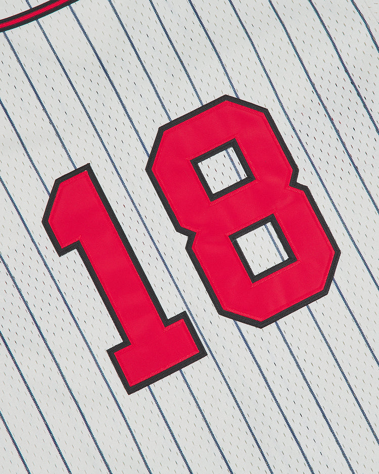 Ebbets Field Birmingham Black Barons 1945 Button-Up Mesh Home Jersey in white with thin blue pinstripes and a red number 18 featuring a black outline.