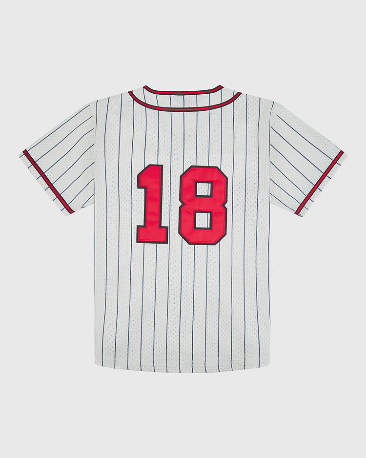Back view of a white, pinstriped Birmingham Black Barons 1945 Button-Up Mesh Home Jersey with red trim and the number 18 in red with a black outline.