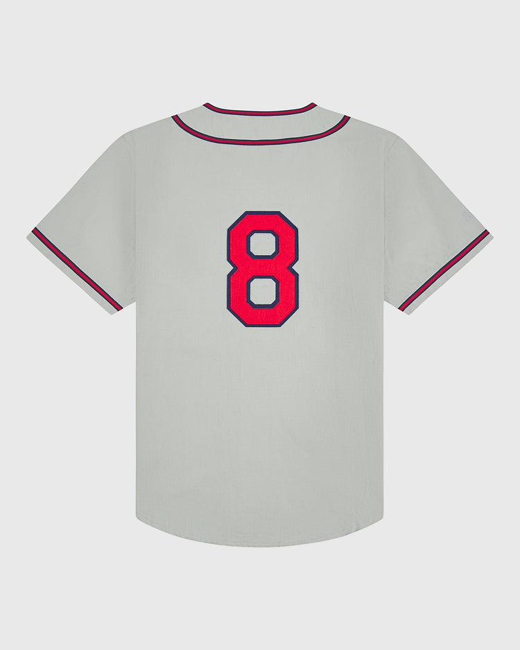 Kansas City Monarchs 1936 Road Jersey Cotton Twill grey short-sleeved baseball jersey with red and blue trim on the collar and sleeves, featuring the number 8 in red with a blue outline on the back.