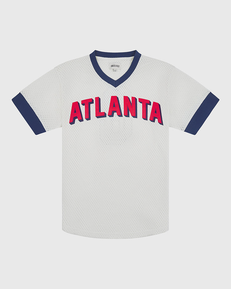 Ebbets Field Atlanta Black Crackers 1940 V-Neck Mesh Jersey in white with ATLANTA in red block lettering across the chest and navy blue trim on the collar and sleeves.