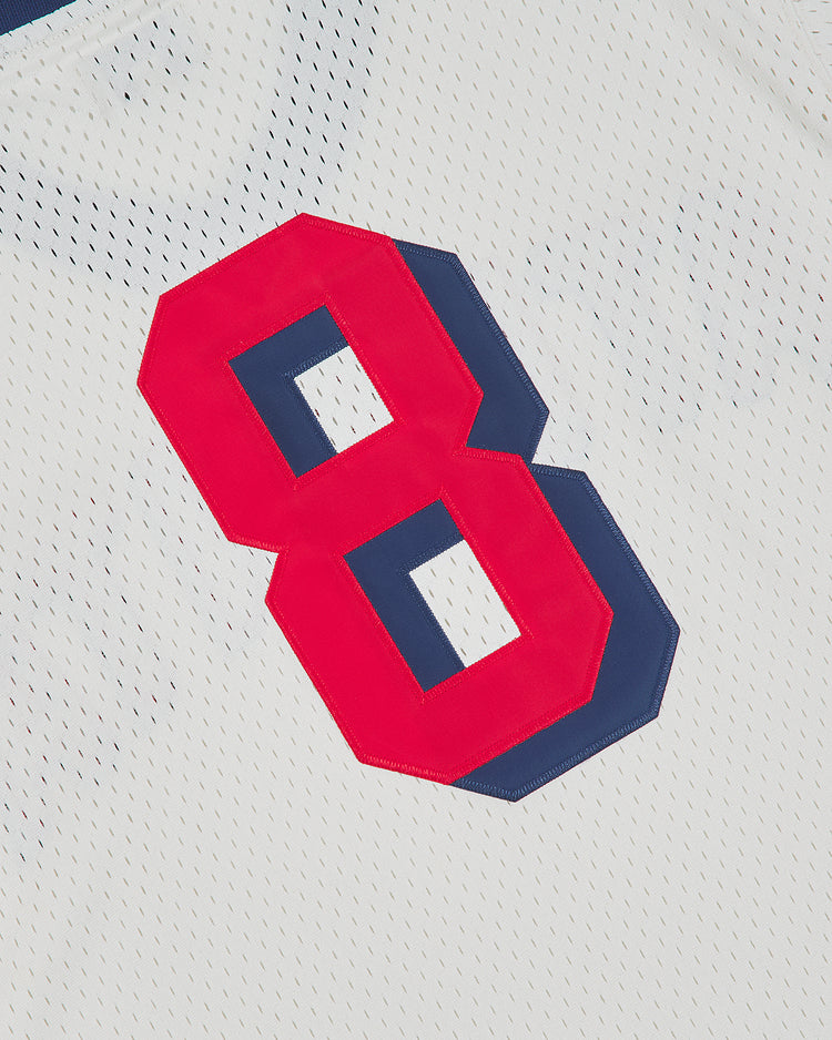 White mesh Atlanta Black Crackers 1940 V-Neck Mesh Jersey featuring a large red number 8 with a navy blue outline.