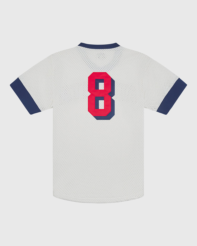 Ebbets Field Atlanta Black Crackers 1940 V-Neck Mesh Jersey in white with a V-neck, navy blue trim on the sleeves and collar, and a red number 8 with a blue drop shadow on the back.