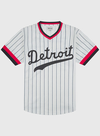 Ebbets Field Detroit Stars 1950 V-Neck Mesh Jersey in white with thin blue pinstripes, red and black trim on the collar and sleeves, and Detroit in blue cursive script across the chest.