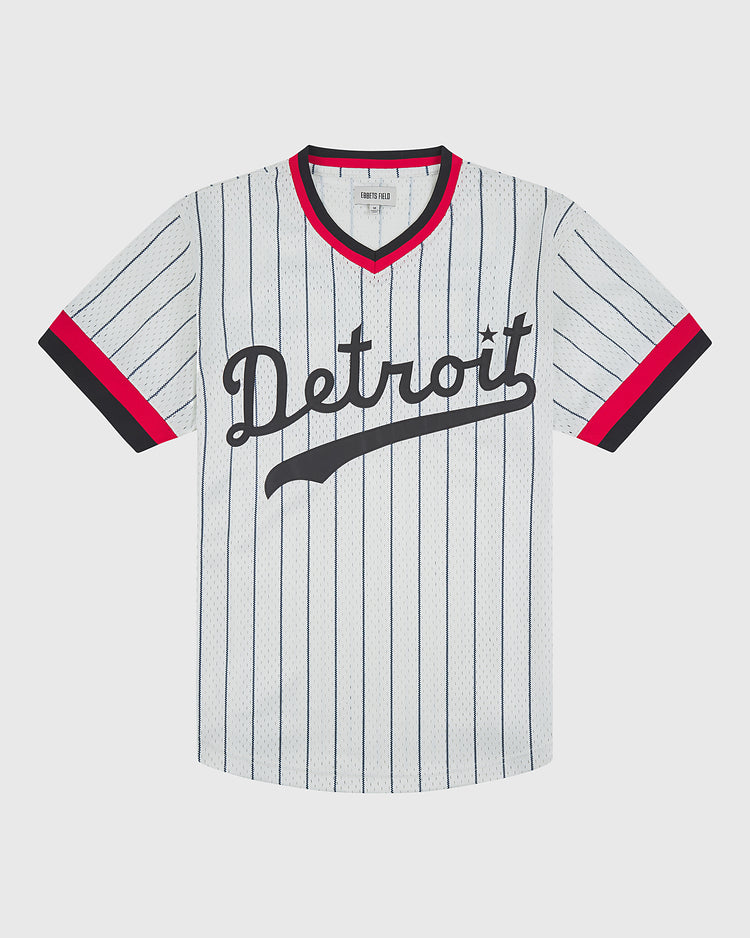 Ebbets Field Detroit Stars 1950 V-Neck Mesh Jersey in white with thin blue pinstripes, red and black trim on the collar and sleeves, and Detroit in blue cursive script across the chest.