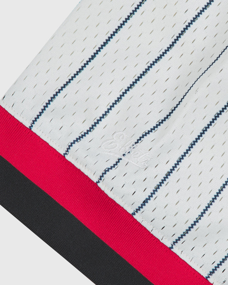 Detroit Stars 1950 V-Neck Mesh Jersey in white mesh with blue pinstripes, featuring a red and black striped cuff and an embossed logo near the hem.