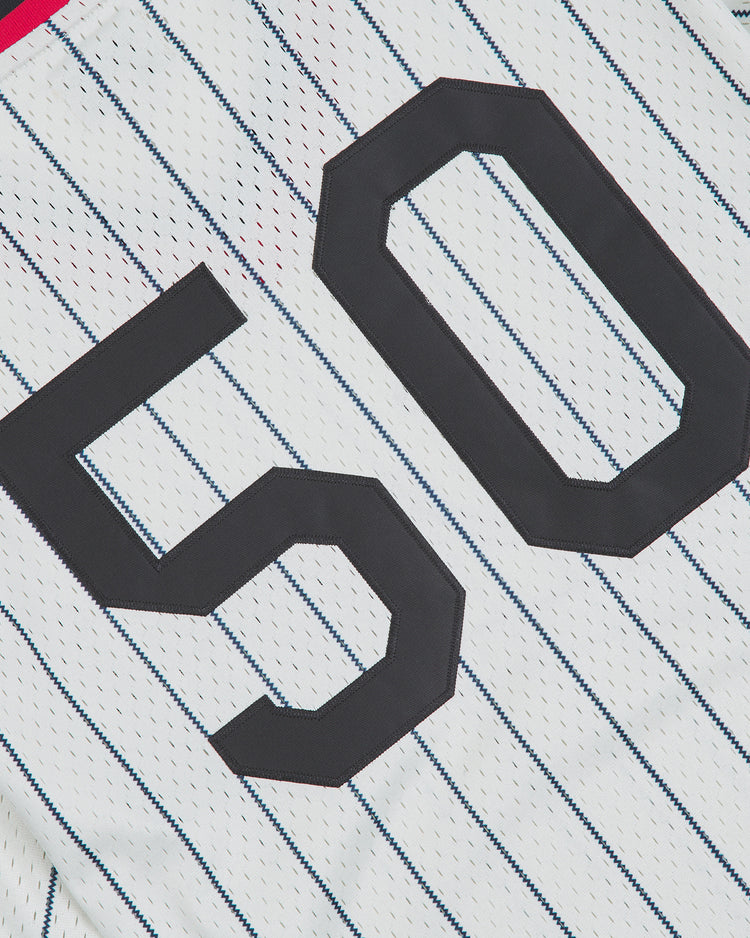 White mesh Detroit Stars 1950 V-Neck Mesh Jersey with navy blue pinstripes and the large dark number 50 on the back.