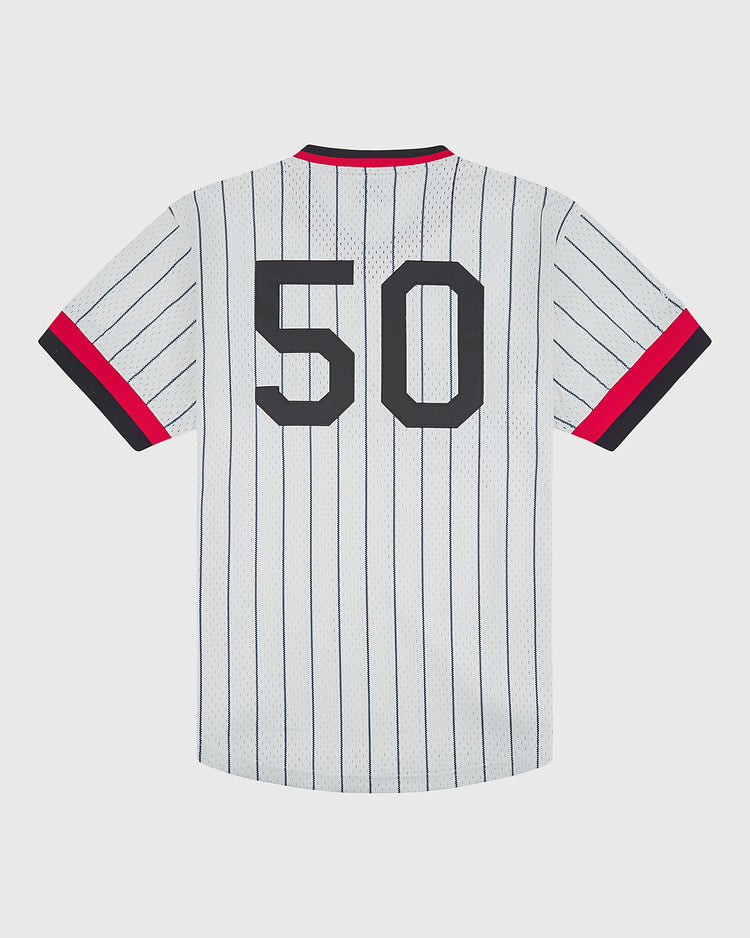 Ebbets Field Detroit Stars 1950 V-Neck Mesh Jersey in white with thin dark pinstripes, black and red sleeve cuffs, and the number 50 in black on the back.