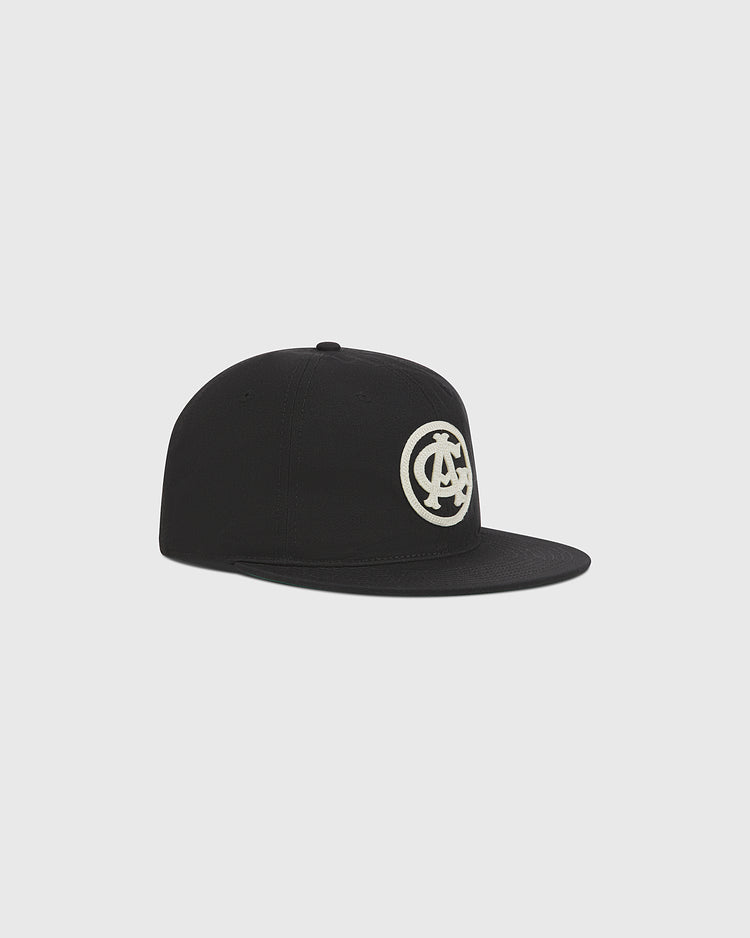 Chicago American Giants 1927 Cotton Twill Ballcap by Ebbets Field, black with a flat brim and white interlocking CA logo on the front, shown on a plain light gray background.