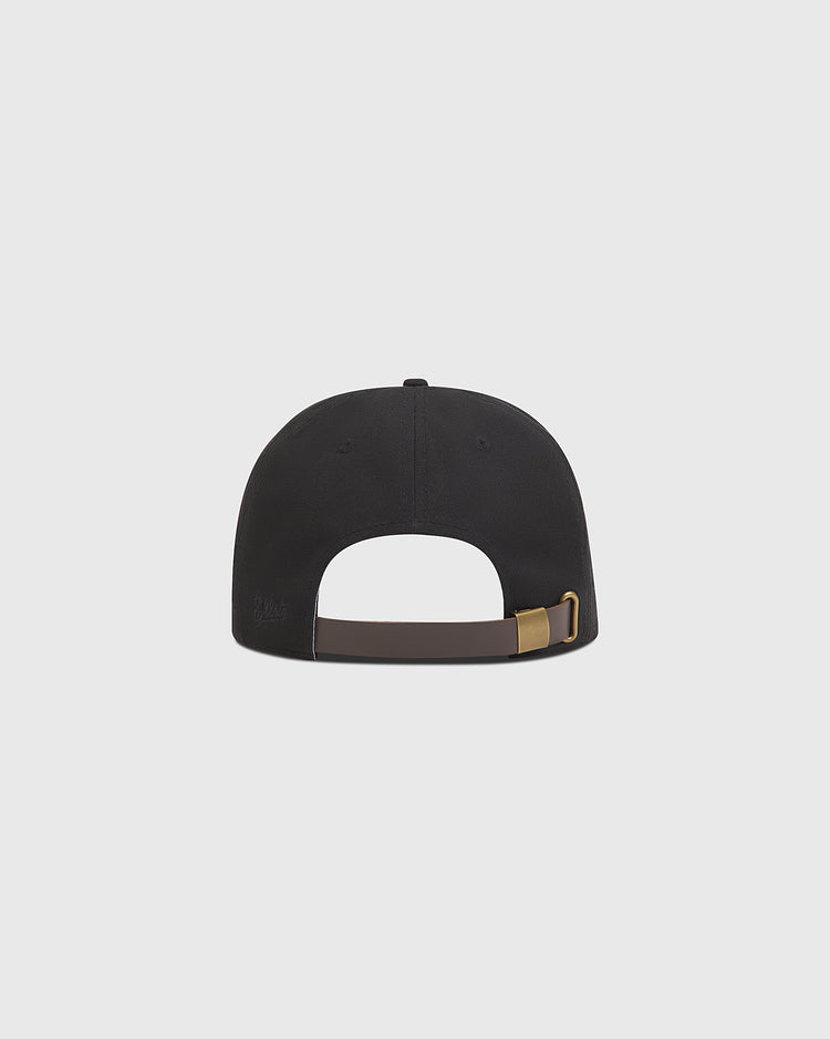 Back view of the Chicago American Giants 1927 Cotton Twill Ballcap by Ebbets Field, featuring an adjustable dark brown strap and brass buckle against a plain light gray background.