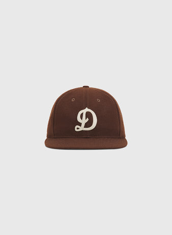 Brown wool Detroit Stars 1959 Authentic Wool Ballcap featuring an embroidered cream-colored script letter D on the front.