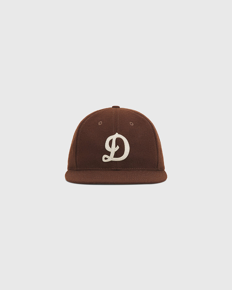 Brown wool Detroit Stars 1959 Authentic Wool Ballcap featuring an embroidered cream-colored script letter D on the front.