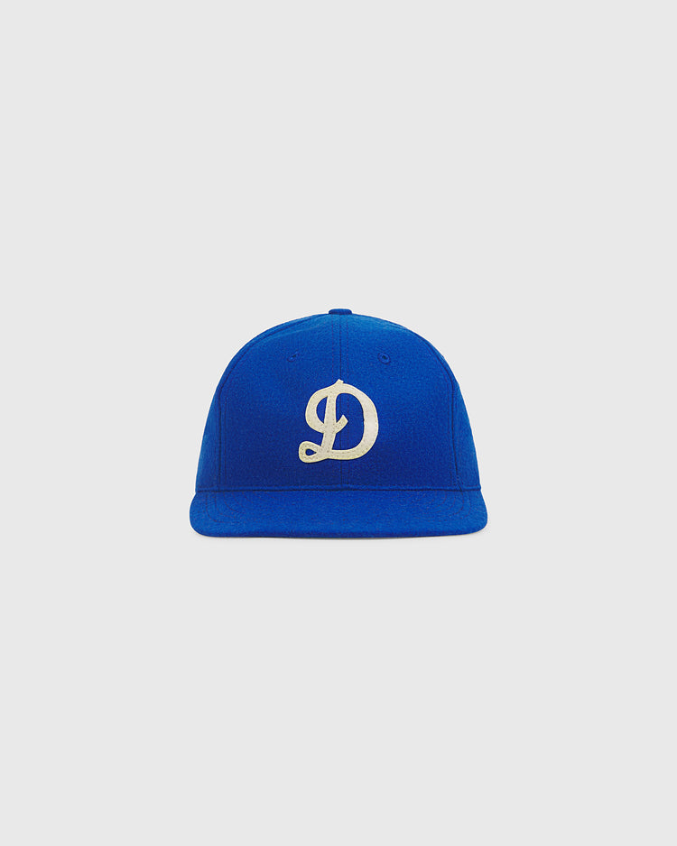 Ebbets Field Detroit Stars 1959 Authentic Wool Ballcap in blue wool with an embroidered cream-colored script letter D on the front.