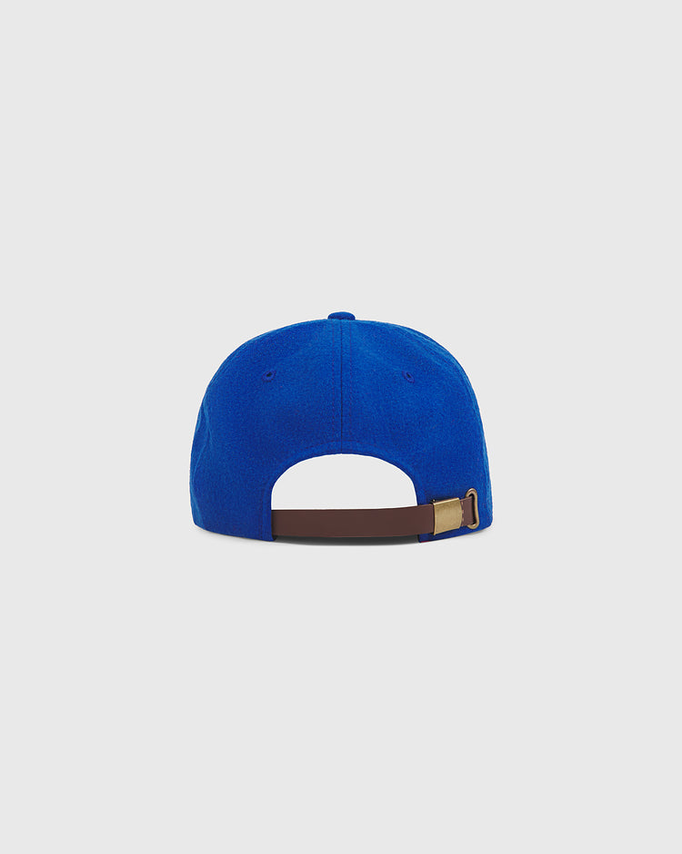 Back view of a blue Ebbets Field Detroit Stars 1959 Authentic Wool Ballcap featuring a brown leather strap and a gold-toned metal buckle.
