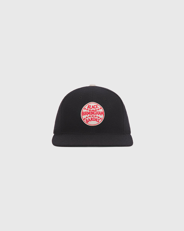 Black Birmingham Black Barons 1924 Logo Wool Ballcap featuring a circular white patch with red stitching and text reading Black Birmingham Barons.