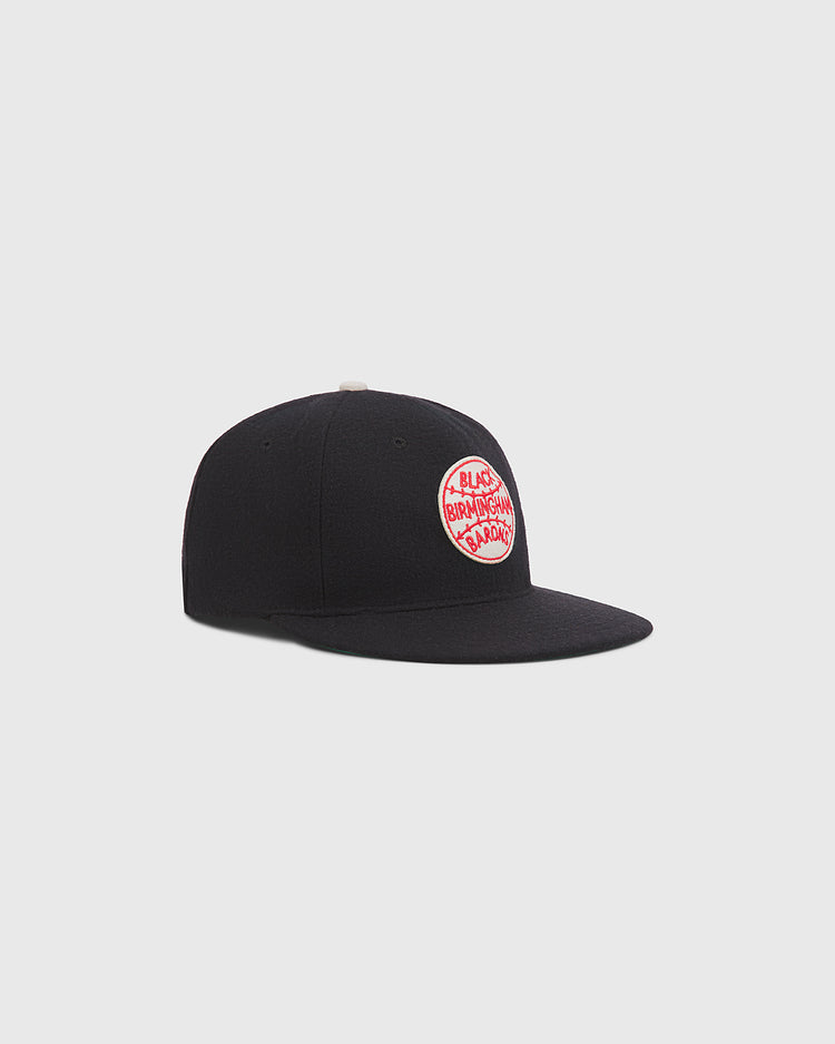 Birmingham Black Barons 1924 Logo Wool Ballcap in black wool with a circular patch featuring red stitching and the text Black Birmingham Barons.