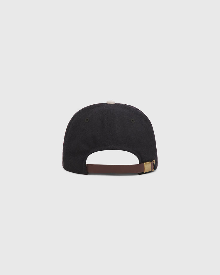 Back view of an Ebbets Field Birmingham Black Barons 1924 Logo Wool Ballcap, featuring a black crown with a brown leather strap and brass buckle.
