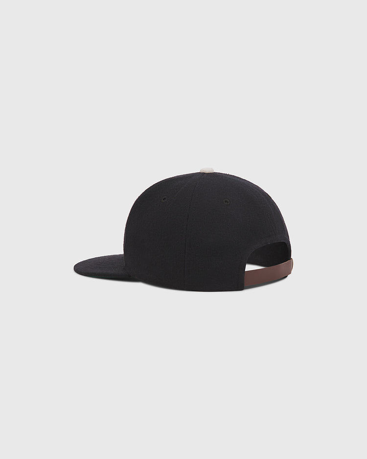Black Ebbets Field Birmingham Black Barons 1924 Logo Wool Ballcap with a flat brim, a light-colored top button, and an adjustable brown strap at the back.