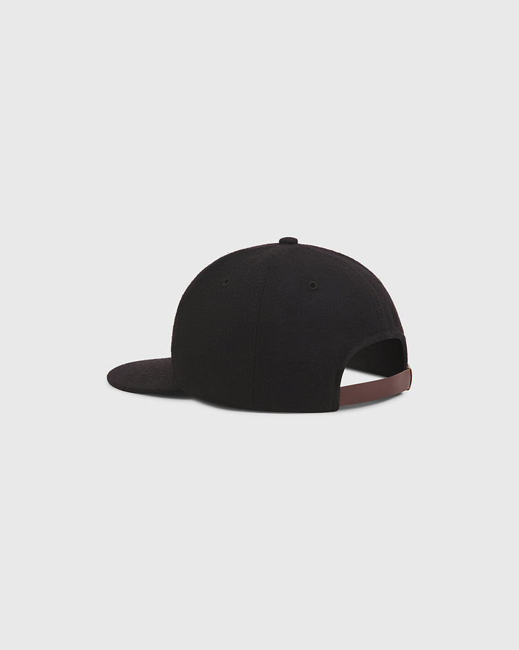 Black wool Ebbets Field Kansas City Monarchs 1924 Authentic Wool Ballcap with a brown leather adjustable strap at the back.