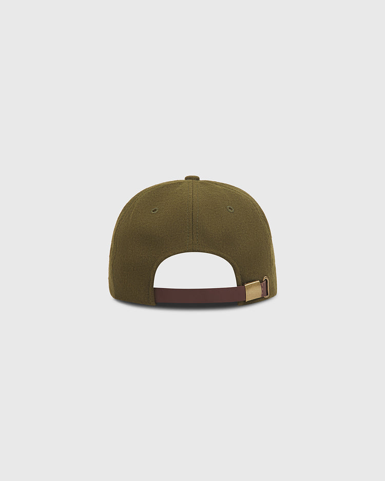 Back view of the olive green Kansas City Monarchs 1924 Authentic Wool Ballcap by Ebbets Field, featuring an adjustable brown leather strap and a metal buckle.
