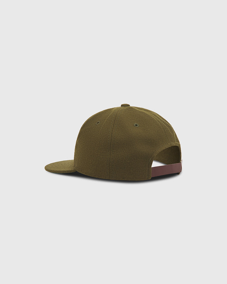 Olive green Kansas City Monarchs 1924 Authentic Wool Ballcap by Ebbets Field with a flat brim and a brown adjustable strap at the back.