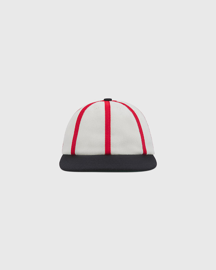 Off-white, eight-panel Chicago American Giants 1920 8-Panel Short Brim Wool Ballcap by Ebbets Field, featuring red piping and a short, black brim.