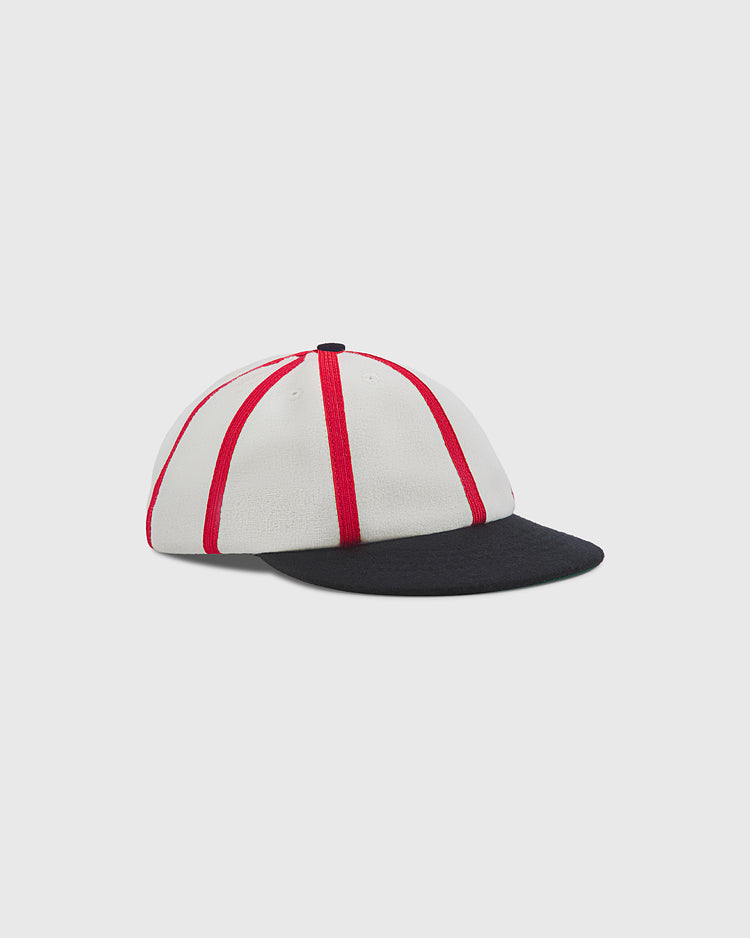 Cream-colored Chicago American Giants 1920 8-Panel Short Brim Wool Ballcap featuring red stripes and a short black brim.