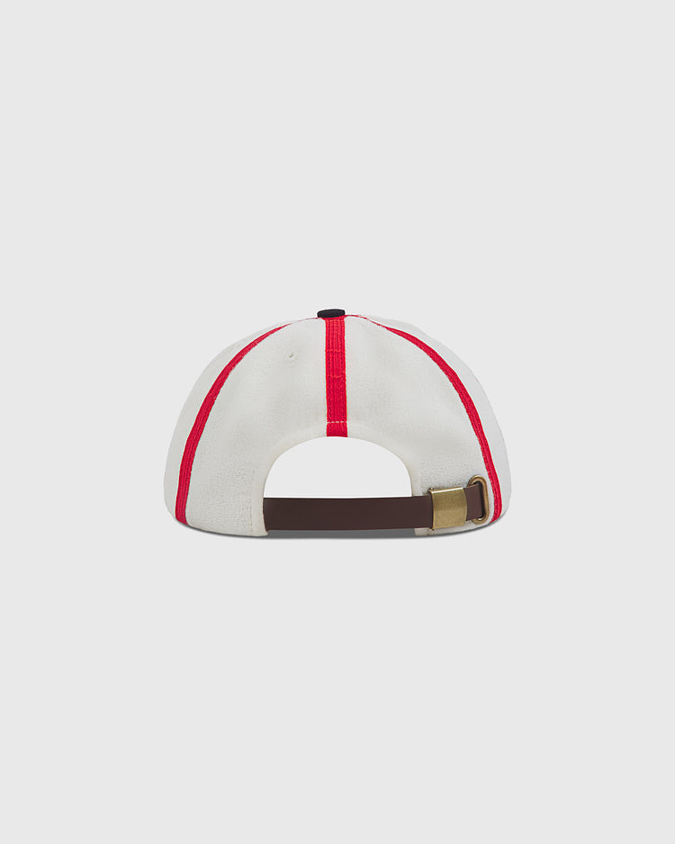 Ebbets Field Chicago American Giants 1920 8-Panel Short Brim Wool Ballcap in off-white with red piping and a brown leather adjustable strap with a brass buckle.